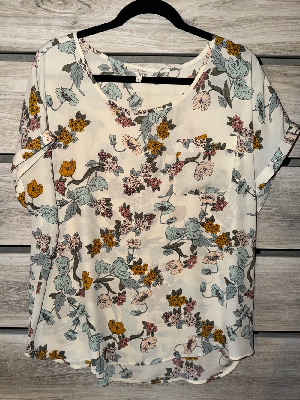 Maurices Cream Floral Short-Sleeve Blouse with Mustard & Sage Accents